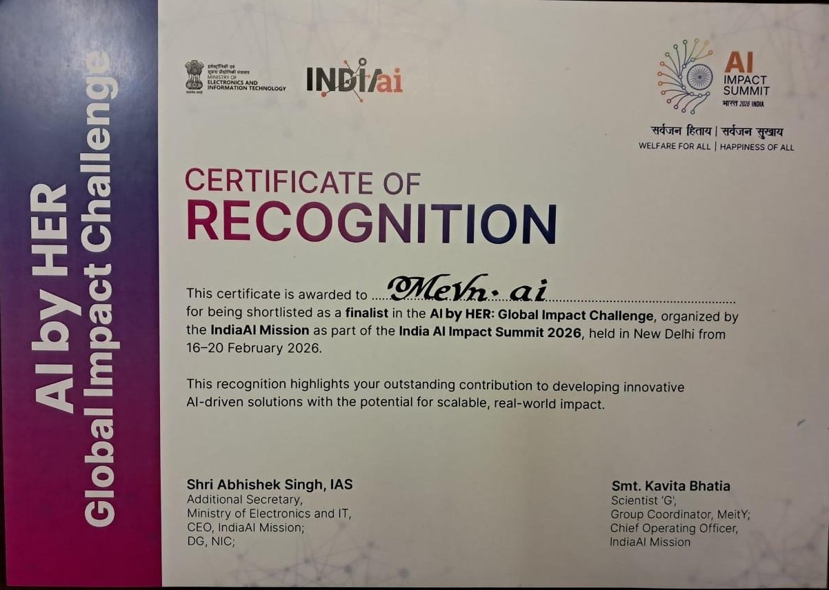 Certificate of Recognition — MeVn.ai, AI by HER: Global Impact Challenge, India AI Impact Summit 2026, IndiaAI Mission