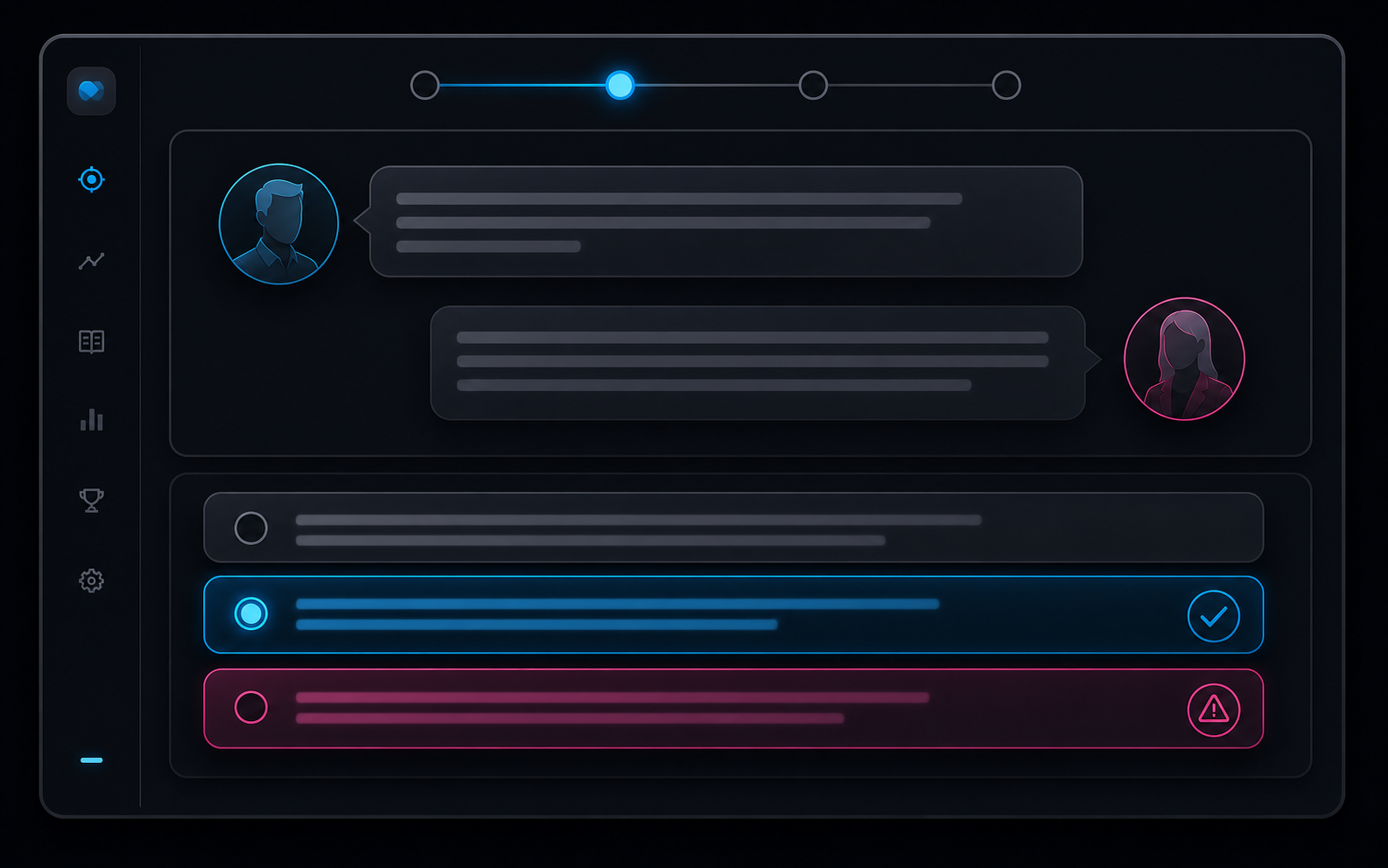 Competitive response framework module showing character dialogue with decision points
