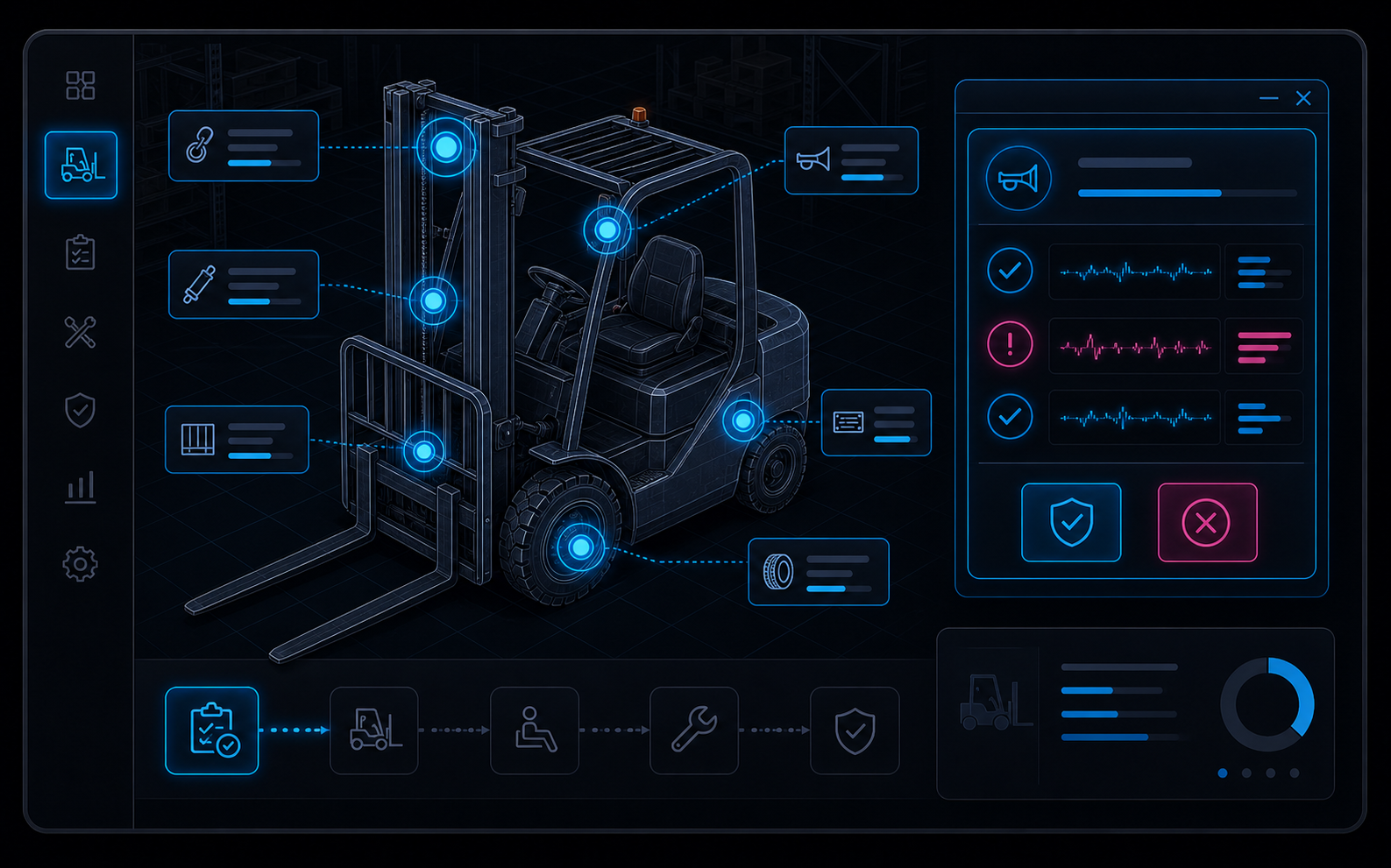 Forklift pre-operation inspection simulation module with hotspot interactive checklist