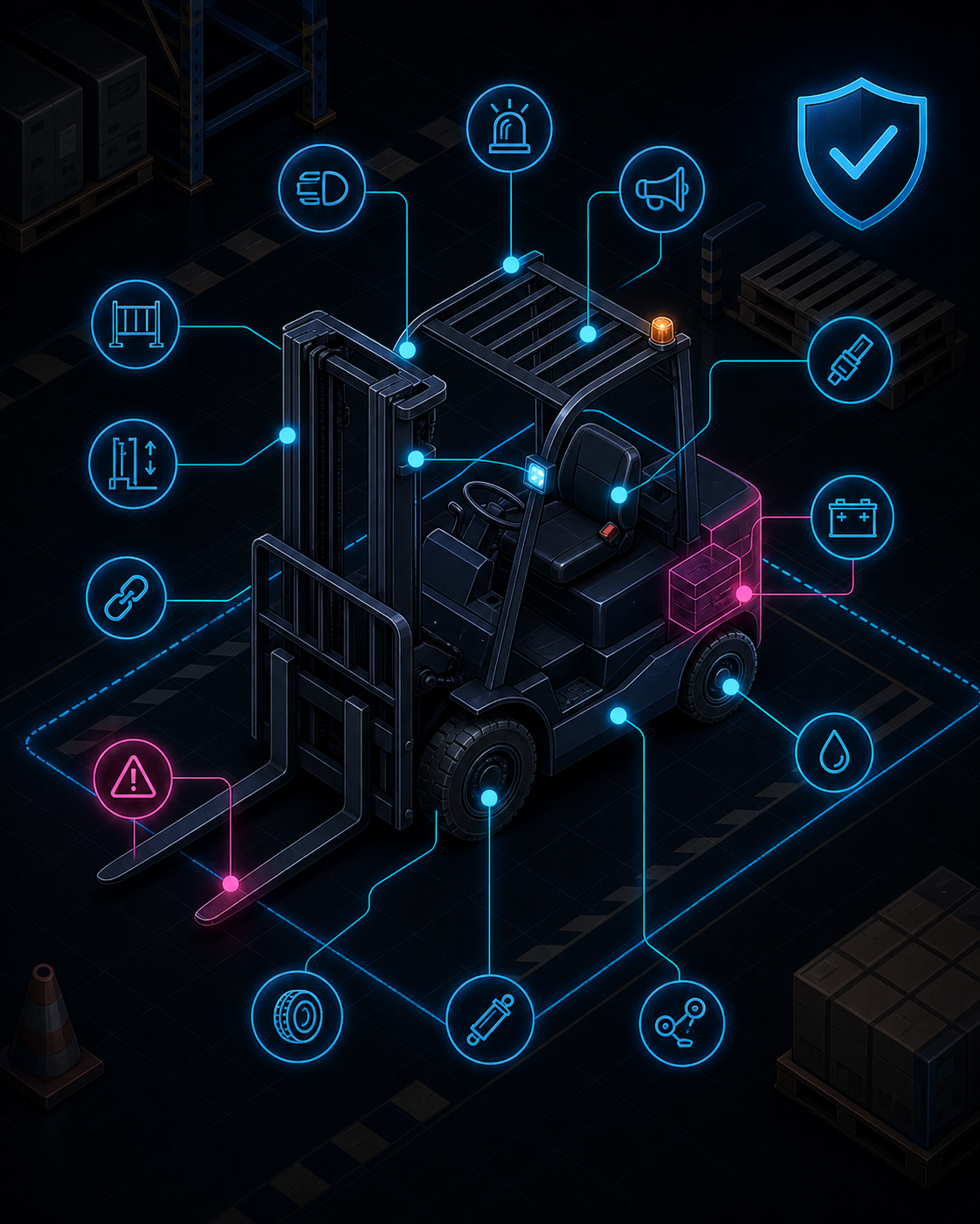 Logistics warehouse training simulation showing OSHA inspection checklist interface